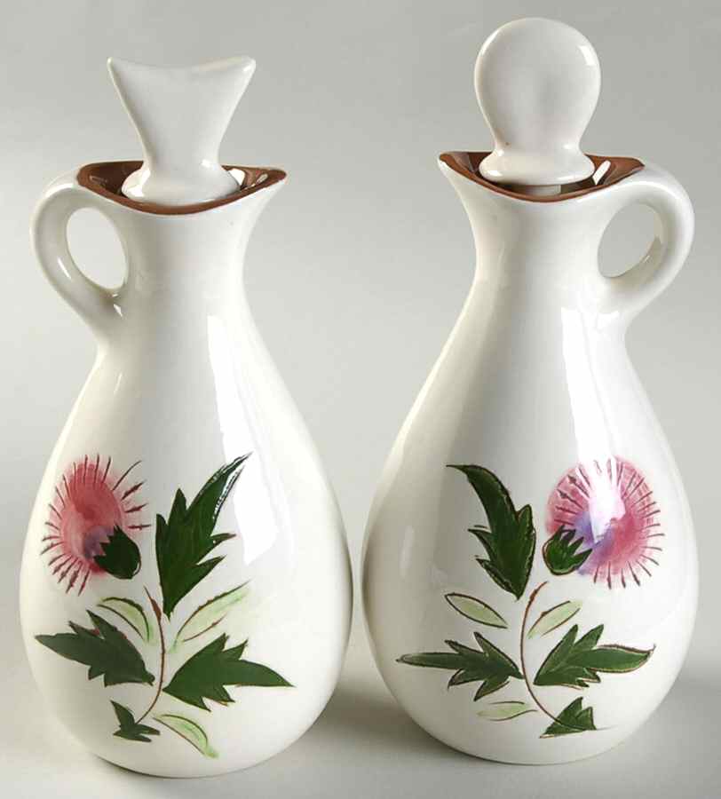 Thistle (Pink Thistle) Vinegar and Oil Set with "V" and "O" Stoppers by Stangl-1