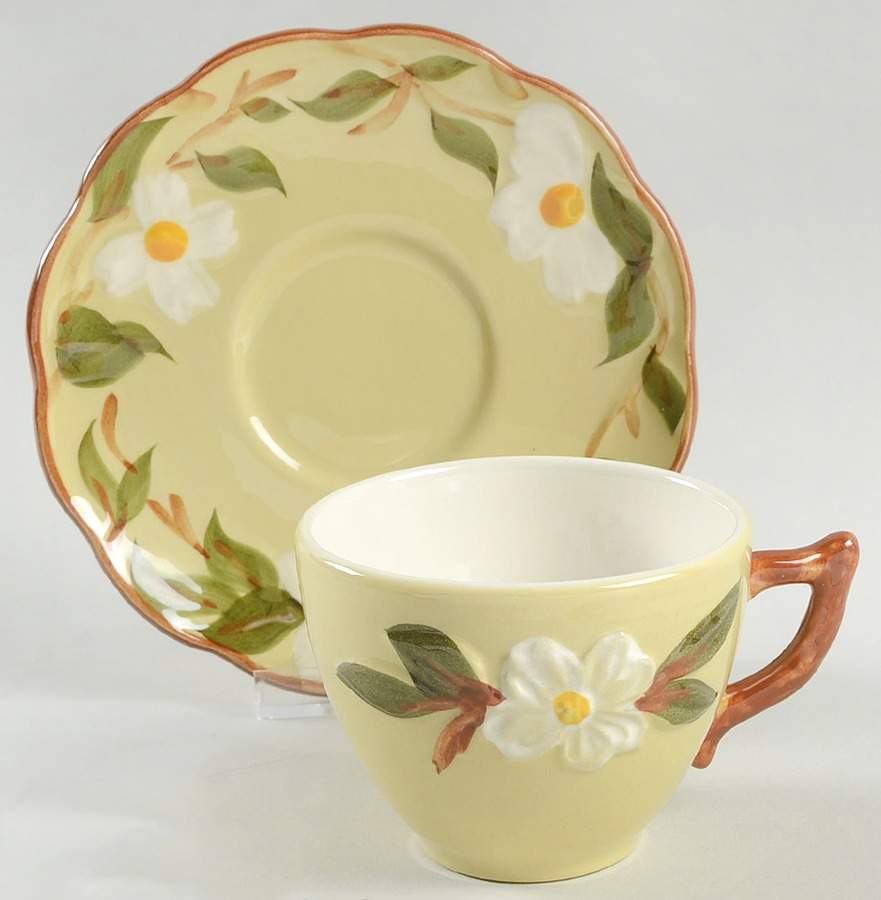 White Dogwood Flat Cup & Saucer Set by Stangl-1