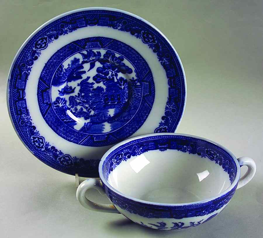Willow Blue (Smooth) Flat Cream Soup Bowl & Saucer Set by John Steventon & Son-1