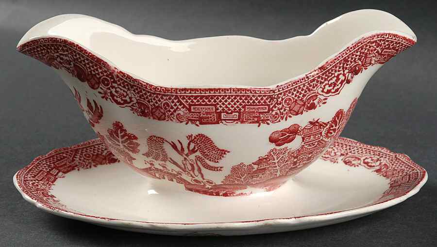 Willow Red Gravy Boat with Attached Underplate by John Steventon & Son-1