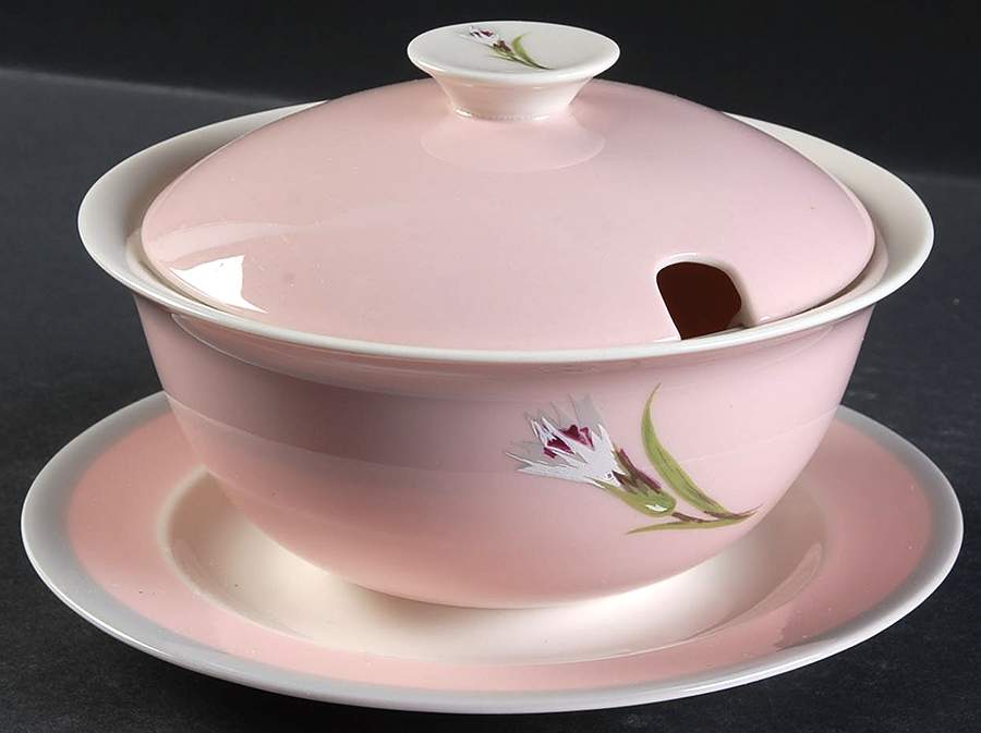 Garden Pinks Pink Gravy Boat w/Attached Underplate & Lid by Stewart House-1