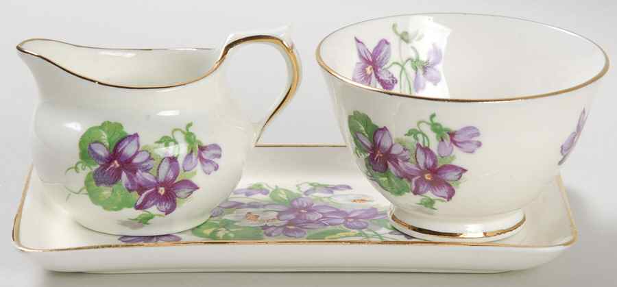 Devon Violets Individual Creamer & Open Sugar W/Tray by Sutherland-1
