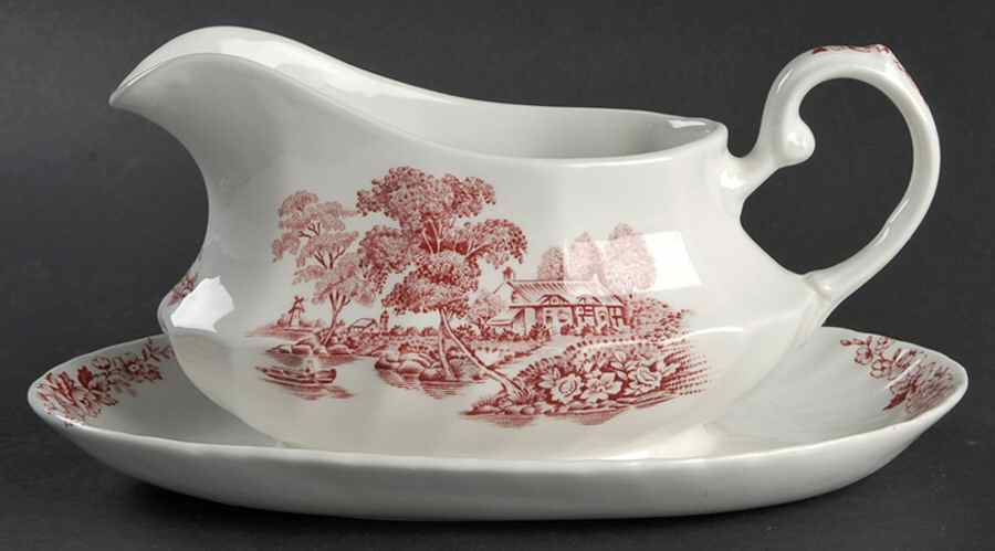 The Ferry Pink (White Back, Swirl) Gravy Boat with Attached Underplate by Swinnertons-1