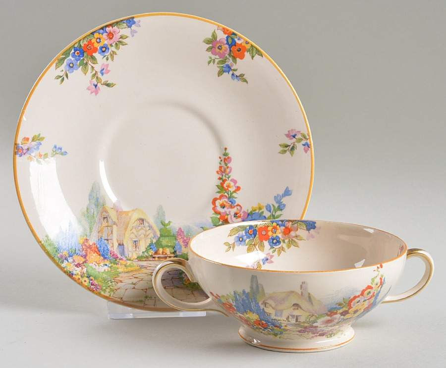 Old England Gardens Footed Cream Soup Bowl & Saucer Set by Swinnertons-1