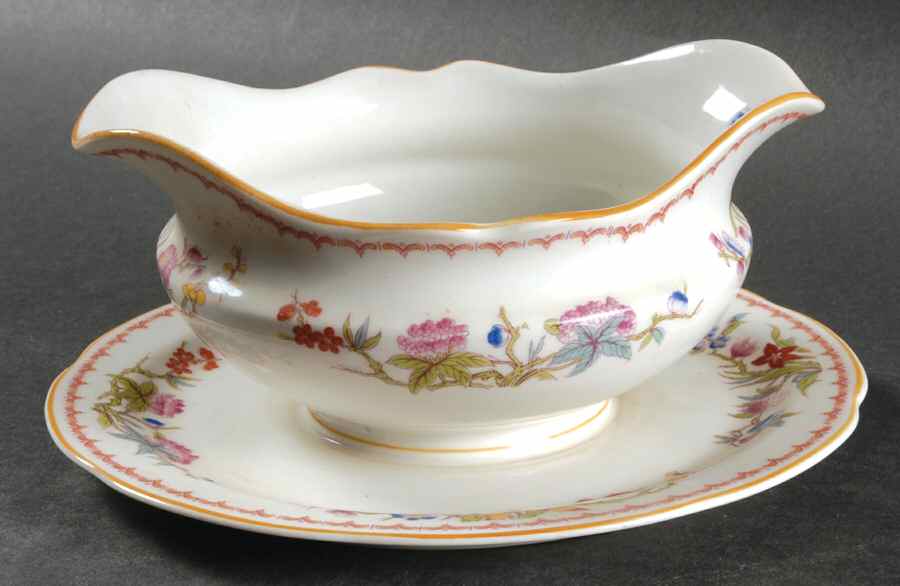 Bombay (Yellow Trim, White Body) Gravy Boat with Attached Underplate by Syracuse-1