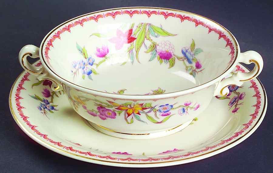 Bombay (Gold Trim) Footed Cream Soup Bowl & Saucer Set by Syracuse-1