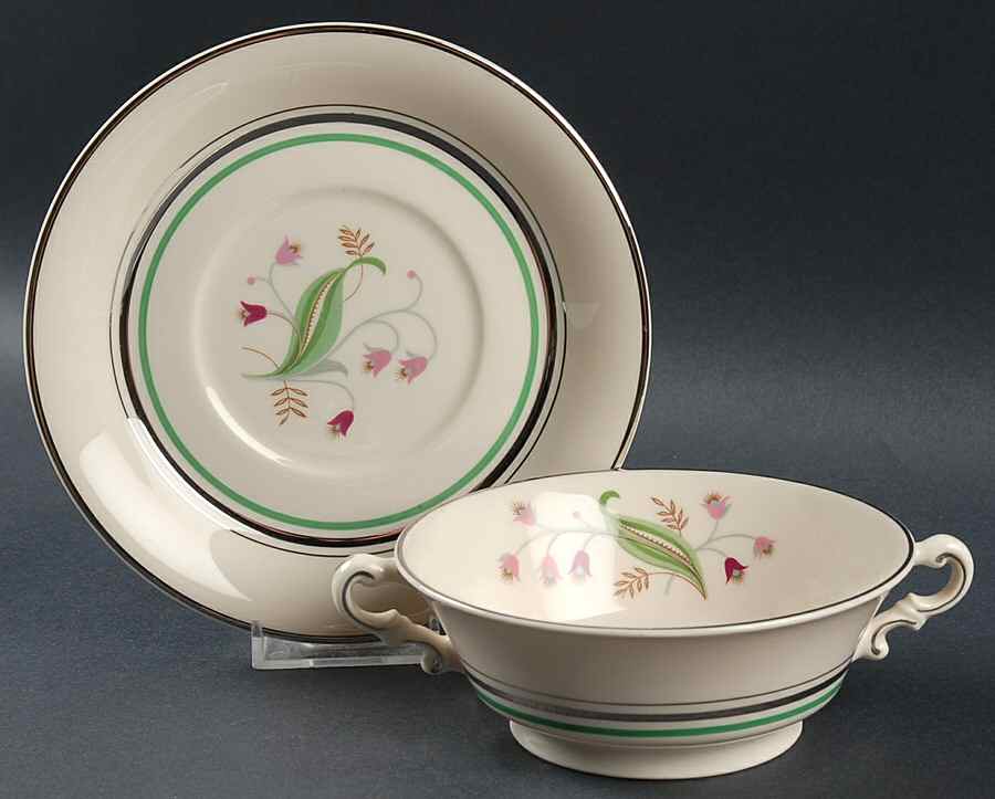 Coralbel (Virginia Shape, Platinum Trim) Footed Cream Soup Bowl & Saucer Set by Syracuse-1