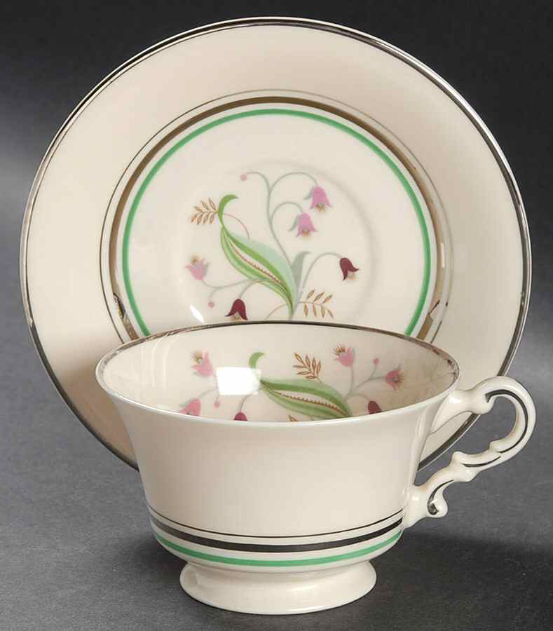 Coralbel (Virginia Shape, Platinum Trim) Footed Cup & Saucer Set by Syracuse-1