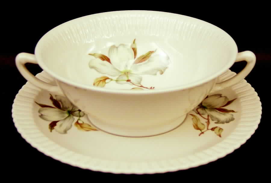 Dogwood (Shelledge, No Trim) Footed Cream Soup Bowl & Saucer Set by Syracuse-1
