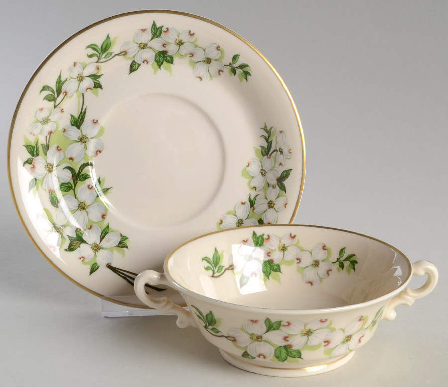 Dogwood (Gold Trim) Footed Cream Soup Bowl & Saucer Set by Syracuse-1