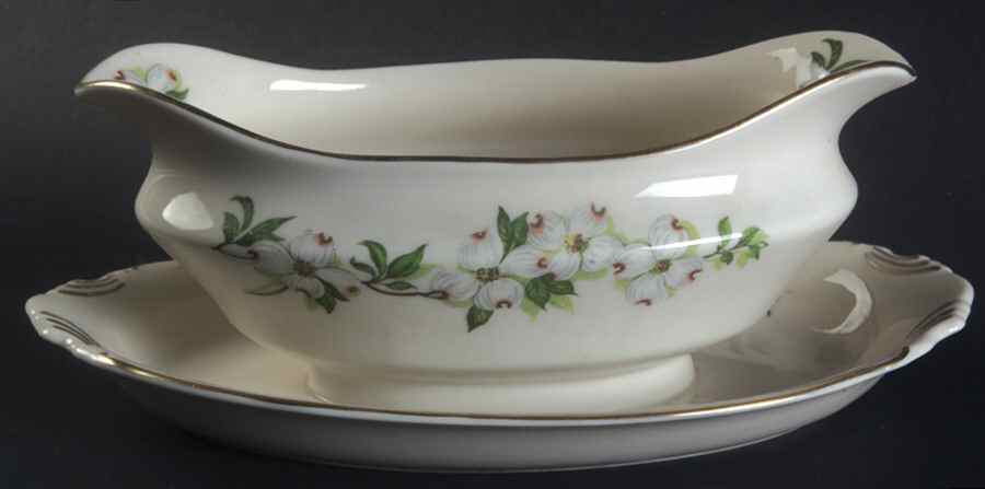 Dogwood (Gold Trim) Gravy Boat with Attached Underplate by Syracuse-1