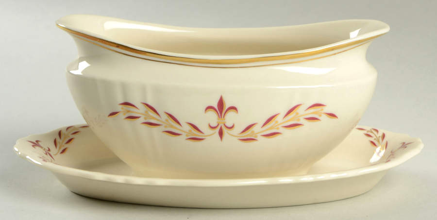 Fleur De Lis Maroon Gravy Boat with Attached Underplate by Syracuse-1