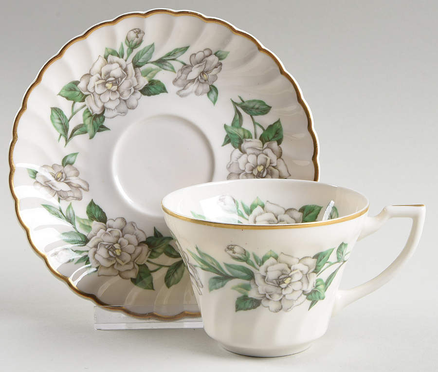 Gardenia (White Flowers) Flat Cup & Saucer Set by Syracuse-1