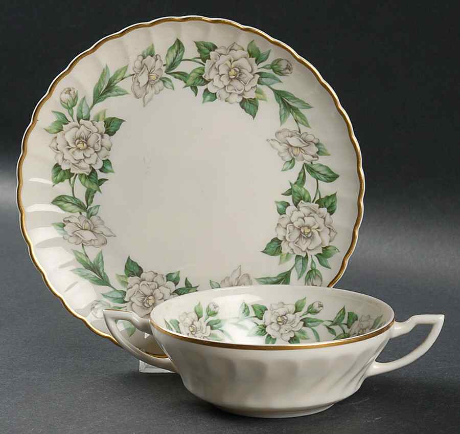 Gardenia (White Flowers) Flat Cream Soup Bowl & Saucer Set by Syracuse-1