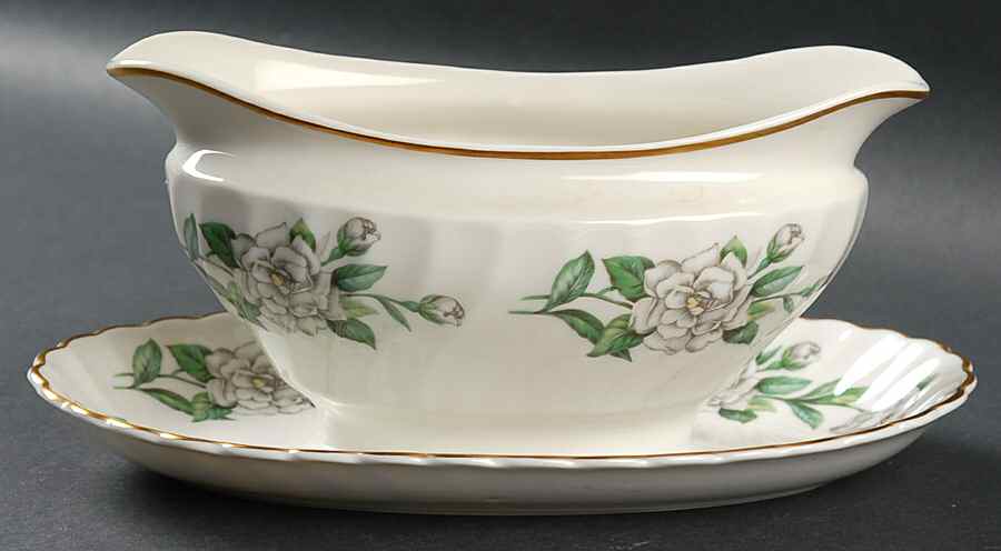 Gardenia (White Flowers) Gravy Boat with Attached Underplate by Syracuse-1
