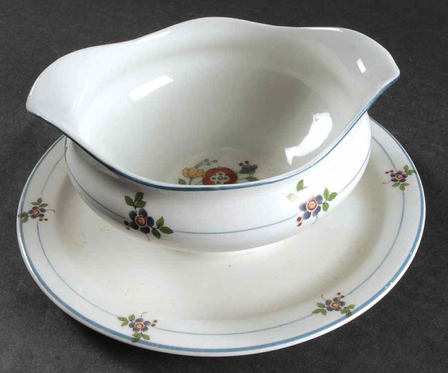 Gardena (Blue Trim) Round Gravy Boat/Attached Underplate by Syracuse-1