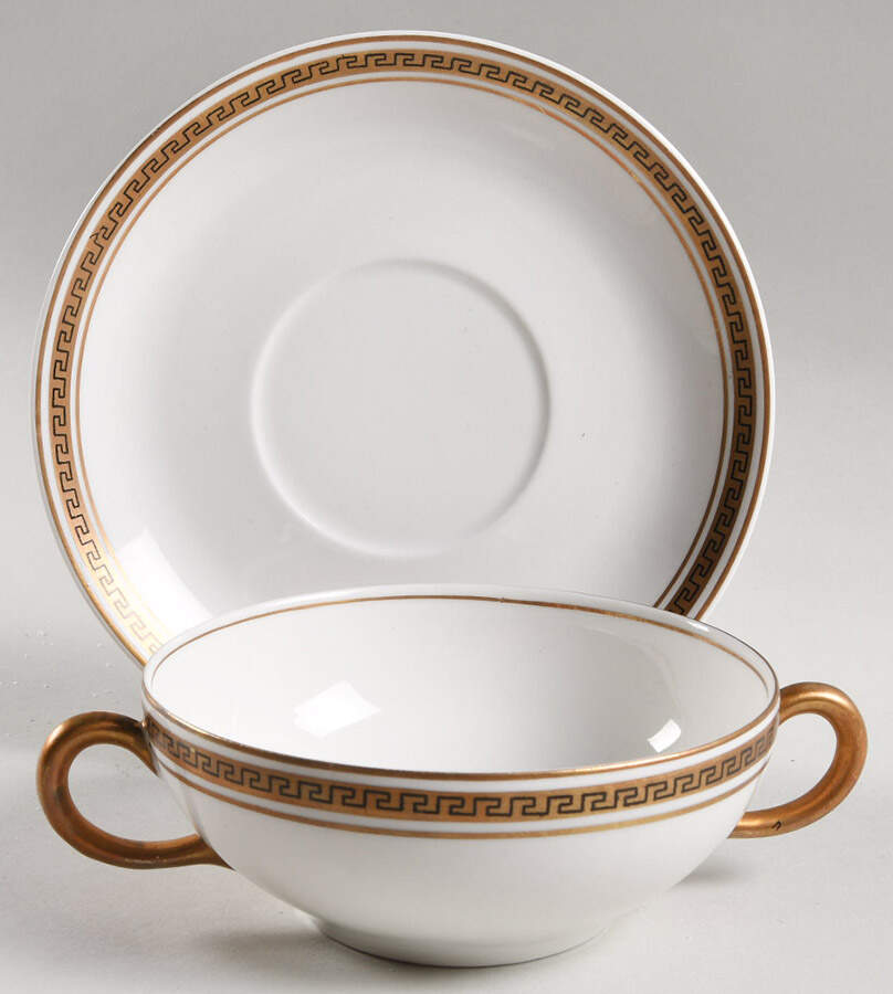 Greek Key Flat Cream Soup Bowl & Saucer Set by Syracuse-1