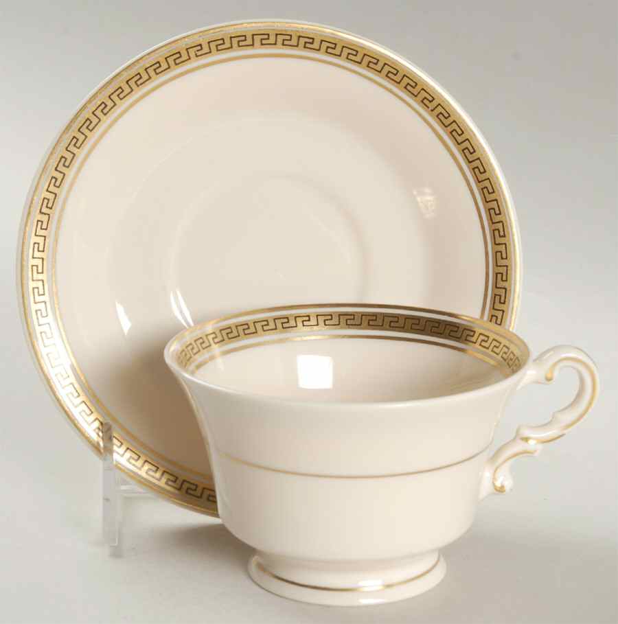 Greek Key Footed Cup & Saucer Set by Syracuse-1