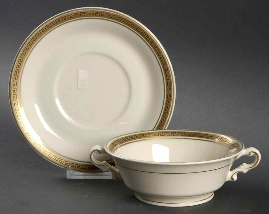 Greek Key Footed Cream Soup Bowl & Saucer Set by Syracuse-1