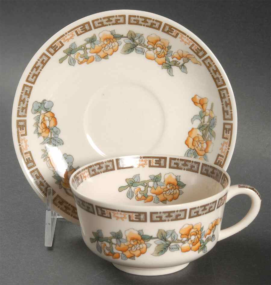 Indian Tree Orange Flowers (Cream) Flat Cup & Saucer Set by Syracuse-1
