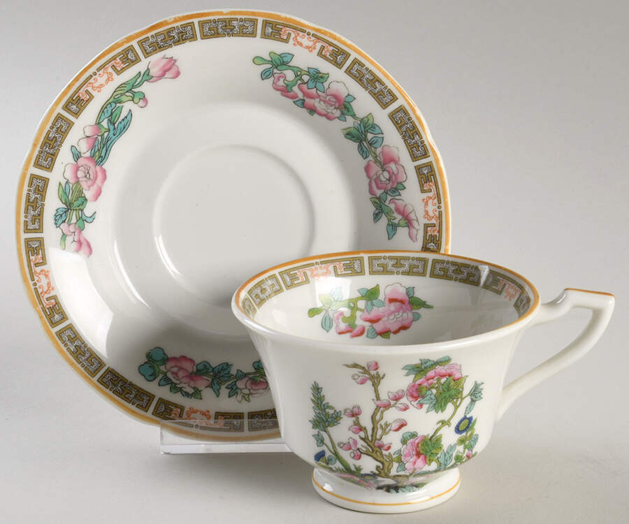 Indian Tree Pink (Scallop Edge) Footed Cup & Saucer Set by Syracuse-1
