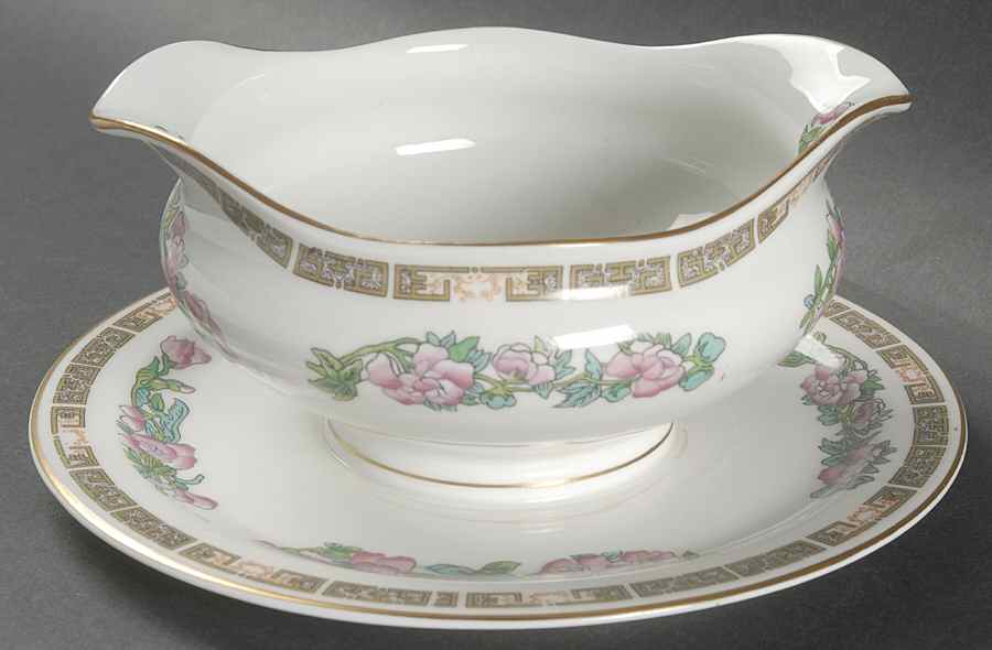 Indian Tree Pink (Smooth Edge) Round Gravy Boat/Attached Underplate by Syracuse-1