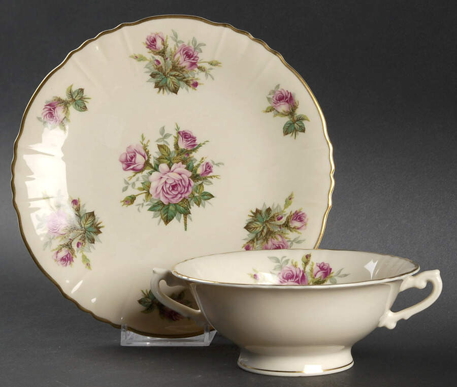 June Rose Footed Cream Soup Bowl & Saucer Set by Syracuse-1