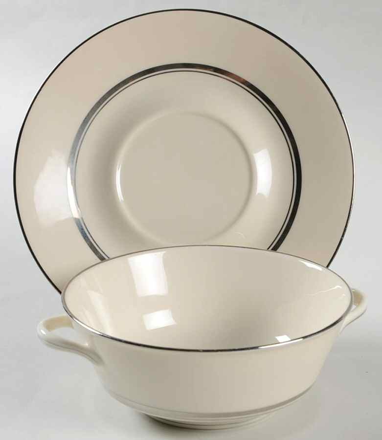 Kent (Platinum Trim) Flat Cream Soup Bowl & Saucer Set by Syracuse-1