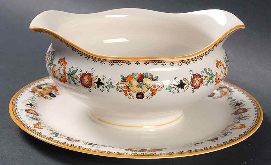 Midlothian (Orange Trim) Gravy Boat with Attached Underplate by Syracuse-1