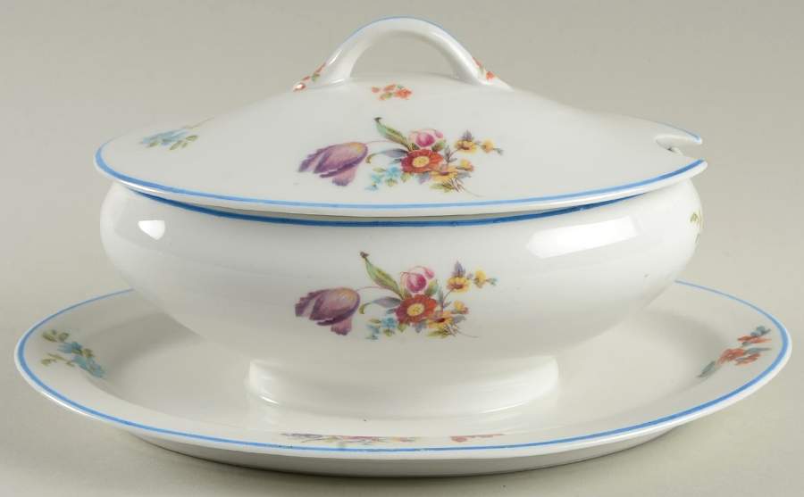 Old Haarlem (Blue Trim) Gravy Boat w/Attached Underplate & Lid by Syracuse-1