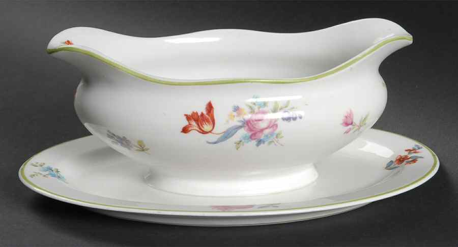 Old Haarlem (Green Trim) Gravy Boat with Attached Underplate by Syracuse-1