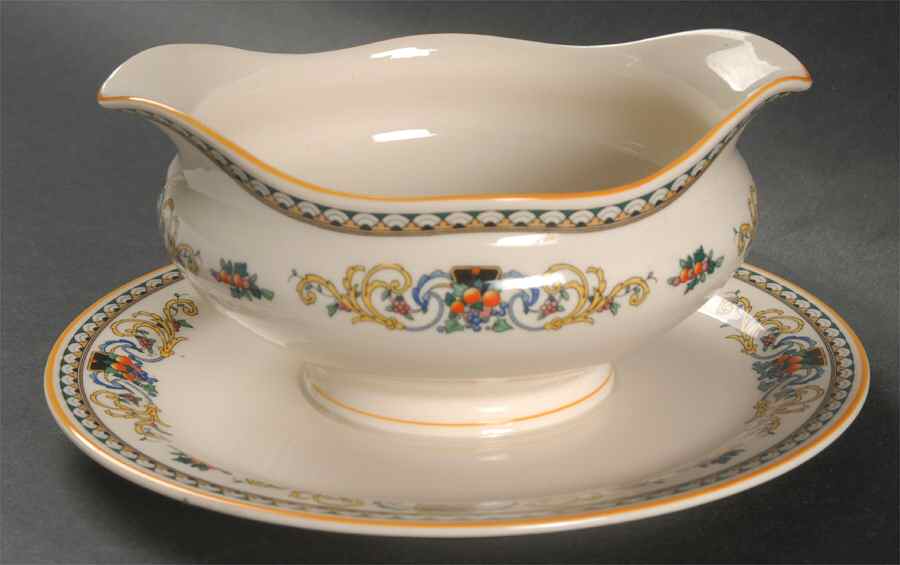 Pembroke (Mustard Trim) Gravy Boat with Attached Underplate by Syracuse-1