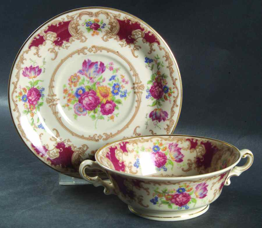 Romance Maroon Footed Cream Soup Bowl & Saucer Set by Syracuse-1