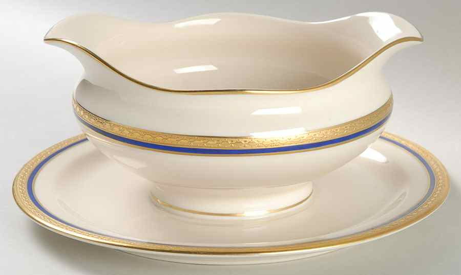 Wayne Blue (Fine China) Gravy Boat with Attached Underplate by Syracuse-1