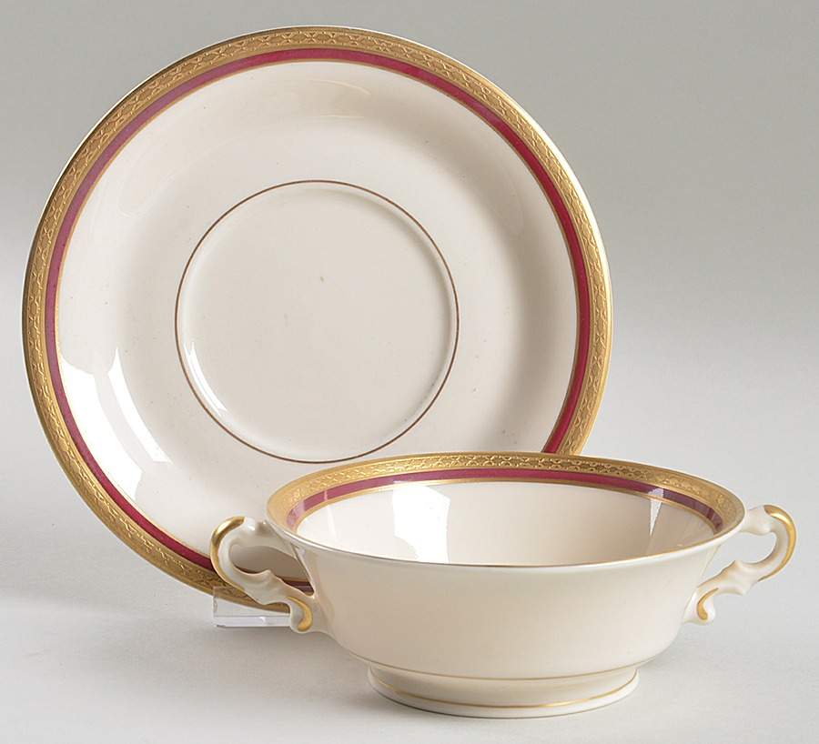 Wayne Maroon Footed Cream Soup Bowl & Saucer Set by Syracuse-1