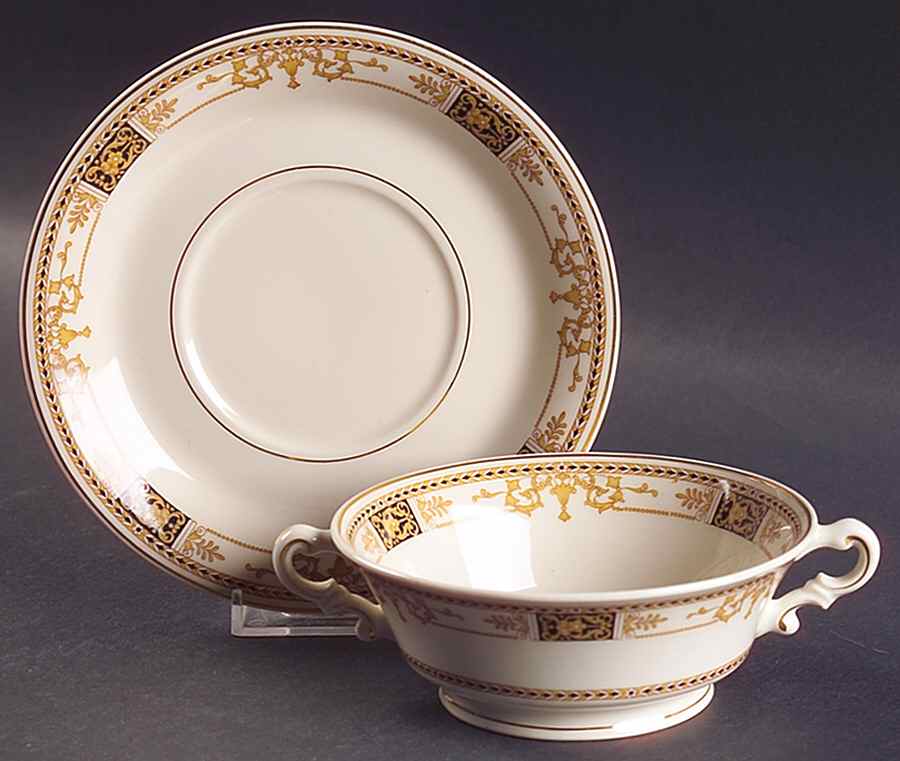 Webster (Old Ivory, Gold Trim) Footed Cream Soup Bowl & Saucer Set by Syracuse-1