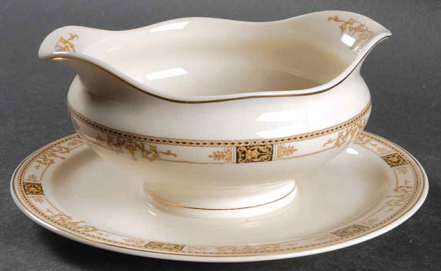 Webster (Old Ivory, Gold Trim) Gravy Boat with Attached Underplate by Syracuse-1