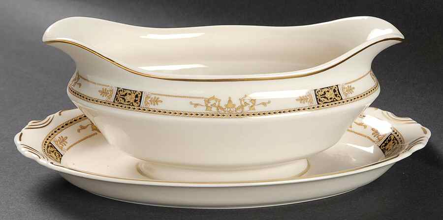 Webster (Old Ivory, Gold Trim) Gravy Boat with Attached Underplate by Syracuse-1