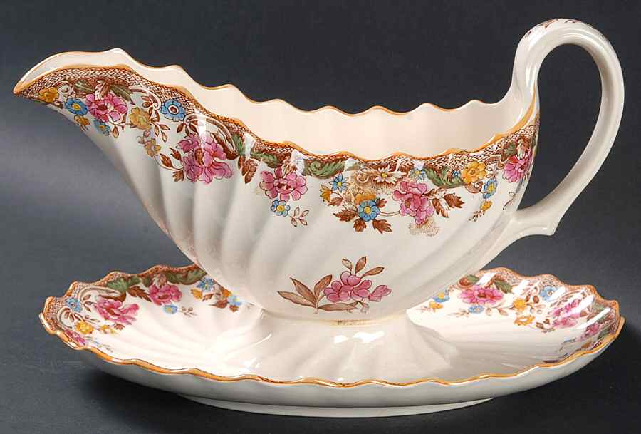 Spode's Bouquet Gravy Boat with Attached Underplate by Spode-1