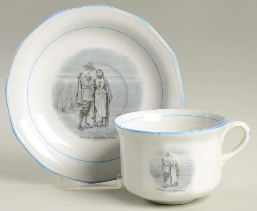 Courtship of Miles Standish Flat Cup & Saucer Set by Sterling China (USA)-1