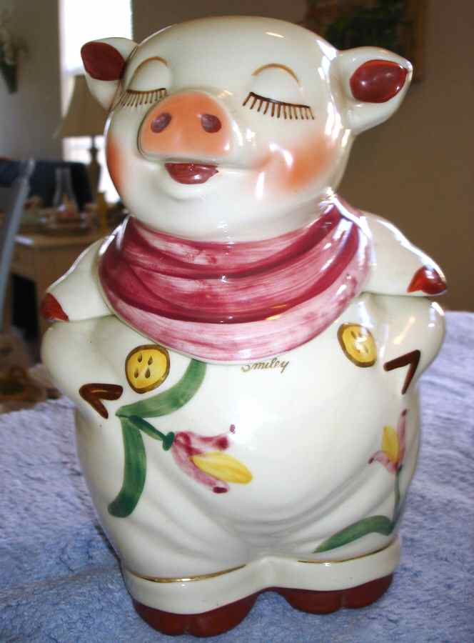 Smiley Pig  Cookie Jar & Lid #5 Gold Trim by Shawnee-1