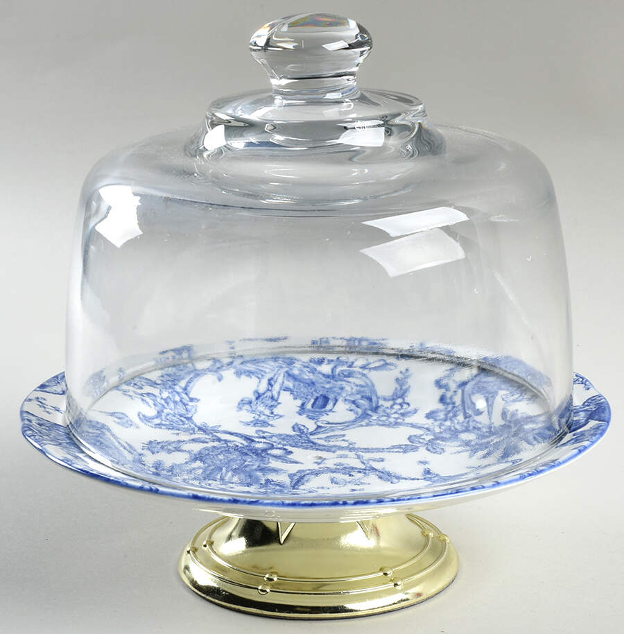 Provencial Garden Blue 6 1/2"-7 1/2" Footed Cheese Plate w/ Glass Dome HC by Spode-1