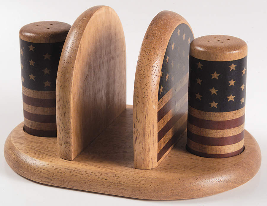 Colonial (Black Trim) Salt & Pepper Set on Wood Napkin Holder Tray by Sakura-1