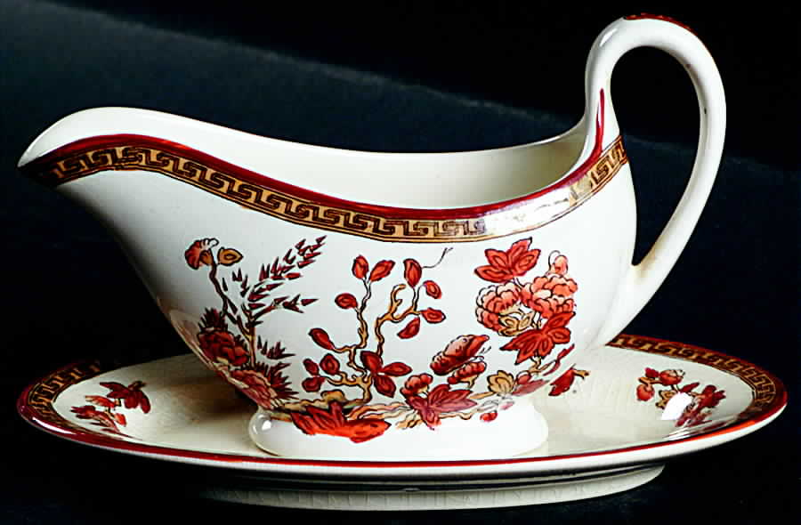 Indian Tree (Orange Rust, Smooth, Red Trim) Individual Gravy Boat & Plate by Spode-1
