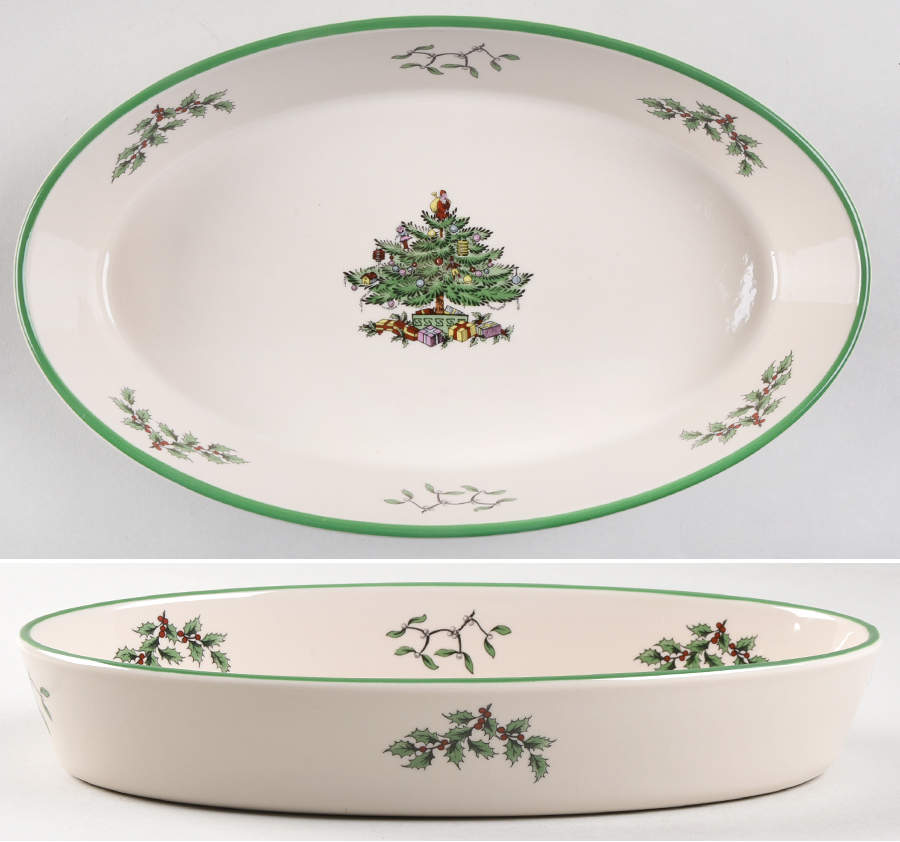 Christmas Tree (Green Trim) 10" Oval Vegetable Bowl by Spode-1