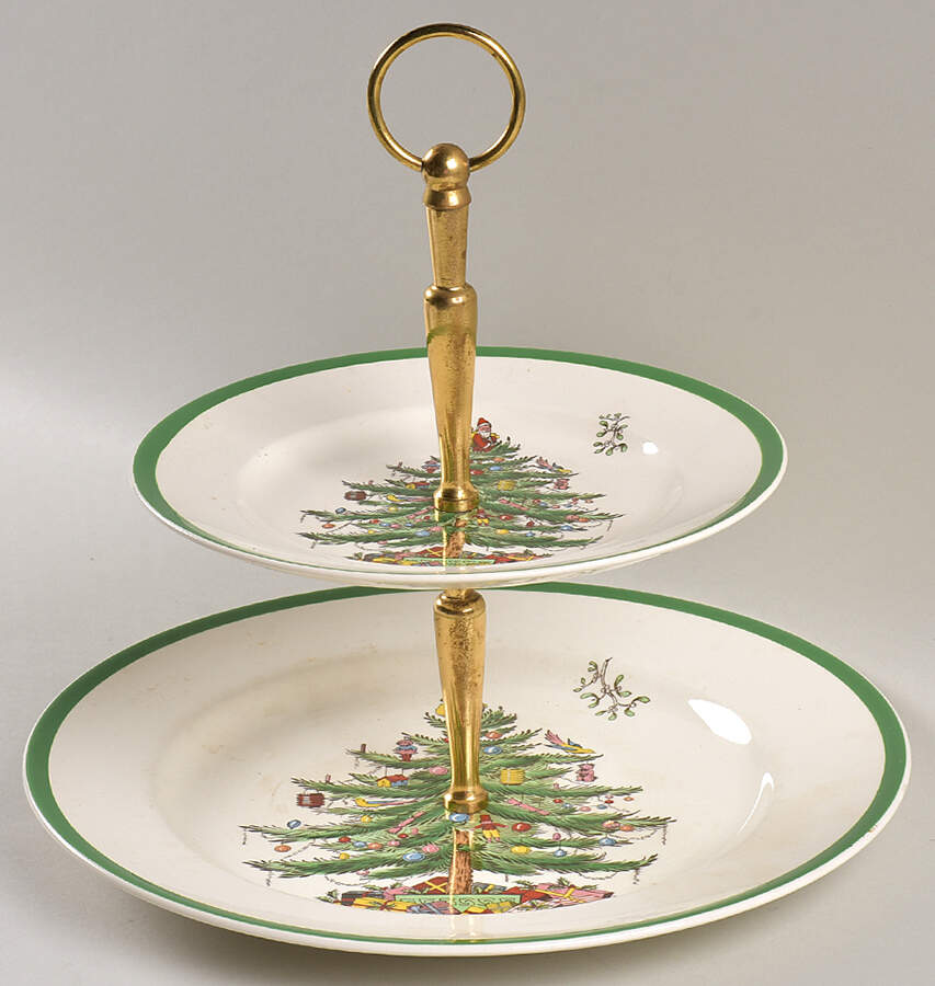 Christmas Tree (Green Trim) 2 Tiered Serving Tray (Dinner & Salad Plate) by Spode-1