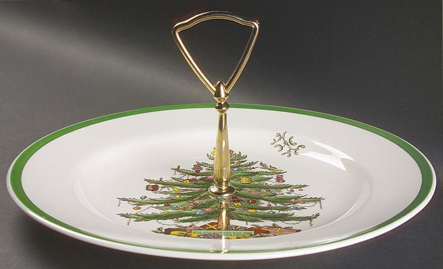 Christmas Tree (Green Trim) Round Serving Plate with Handle (DP) by Spode-1