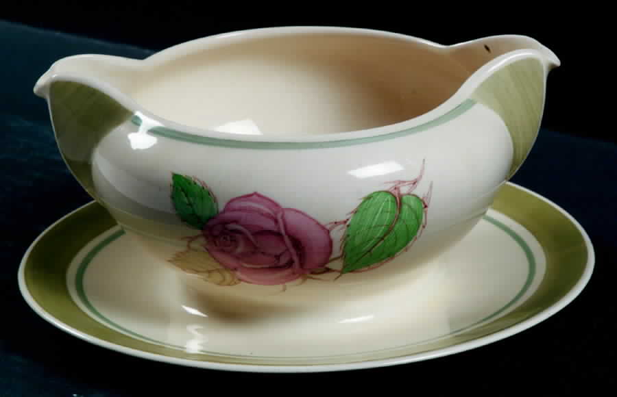 Patricia Rose Green (Dk Green Rim, Blue Ring) Gravy Boat with Attached Underplate by Susie Cooper-1