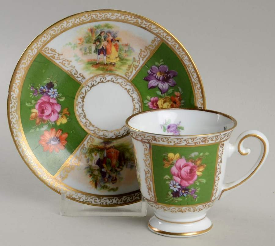 Royal Dresdner Art Green (Panels) Footed Demitasse Cup & Saucer Set by Schumann - Bavaria-1
