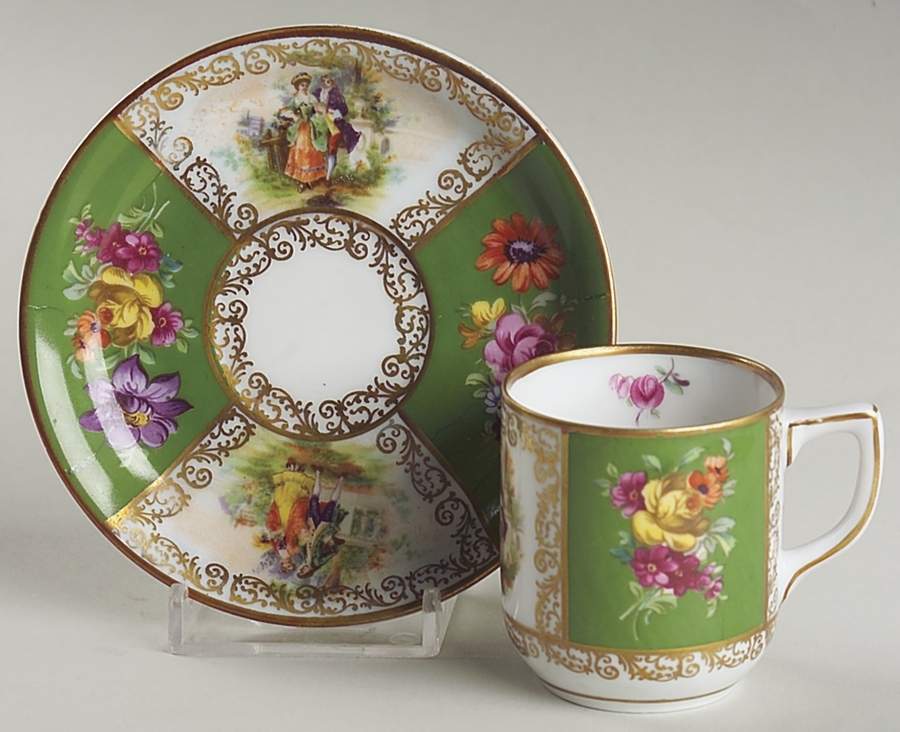 Royal Dresdner Art Green (Panels) Flat Demitasse Cup & Saucer Set by Schumann - Bavaria-1
